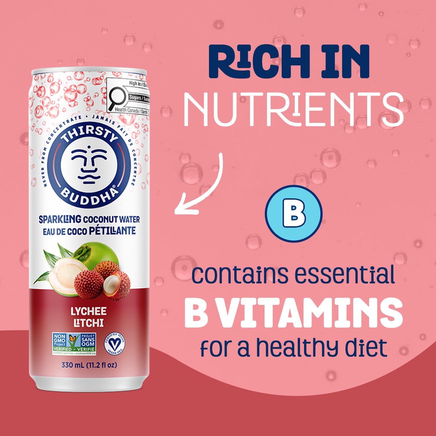 THIRSTY BUDDHA Sparkling Coconut Water with Lychee, No Added Sugar, Pure Coco Drink, Natural Fruit Flavour, Electrolyte & Nutrient-Rich, 12 Pack, (12/330ml) 🍁 All In One Marketplace Canada