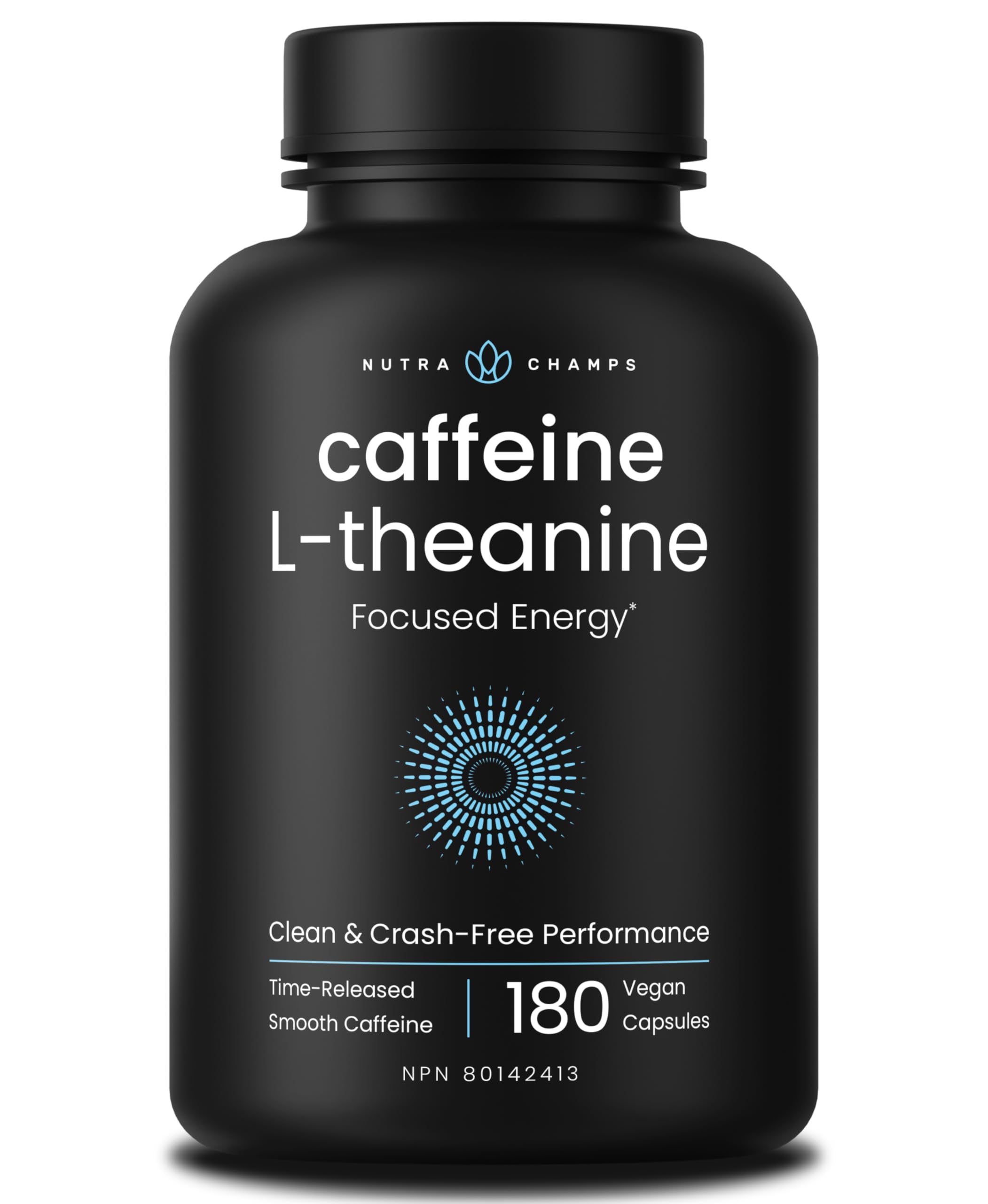 Caffeine Pills with L-Theanine - 180 Energy Pills for Women & Men - Clean & Long-Lasting Focused Energy - Sustained Release 100mg Caffeine + 200mg L Theanine - No Crash Capsules, Vegan Supplement 🍁 All In One Marketplace Canada