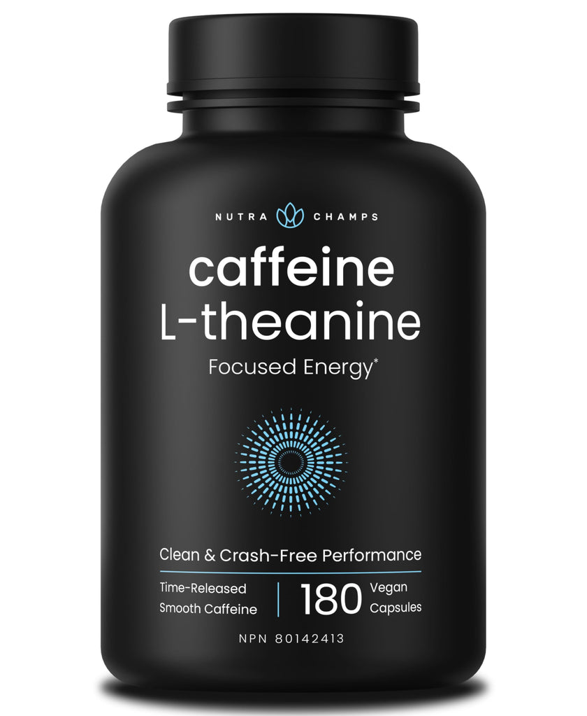 Caffeine Pills with L-Theanine - 180 Energy Pills for Women & Men - Clean & Long-Lasting Focused Energy - Sustained Release 100mg Caffeine + 200mg L Theanine - No Crash Capsules, Vegan Supplement 🍁 All In One Marketplace Canada