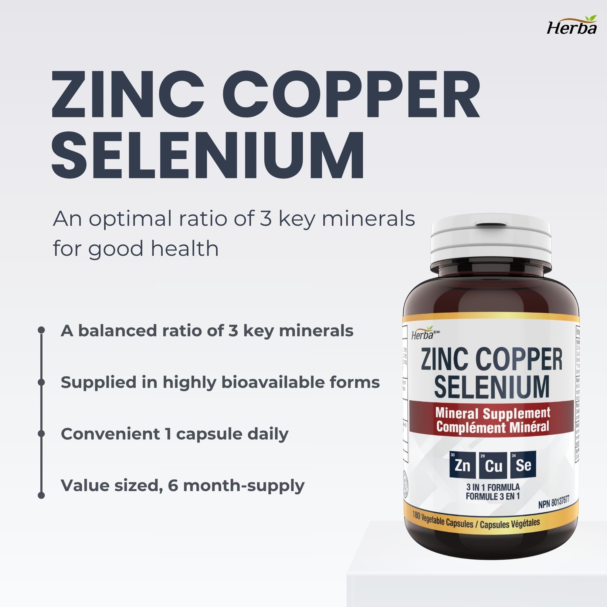 Herba Zinc Picolinate 25mg with Copper and Selenium - 180 Capsules | 3 in 1 Mineral Supplement | Selenium Zinc Copper Supplement | 6 Months Supply | Immune Support | Made in Canada 🍁 All In One Marketplace Canada