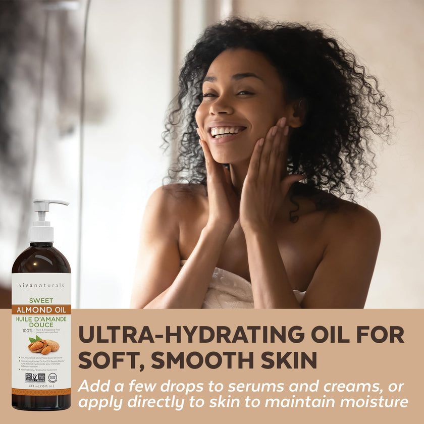Viva Naturals Sweet Almond Oil – Almond Oil for Skin, Hair & Face, Body Oil After Shower, Body Oil for Dry Skin, Carrier Oil for Essential Oils & Almond Hair Oil, 16 fl oz 🍁 All In One Marketplace Canada
