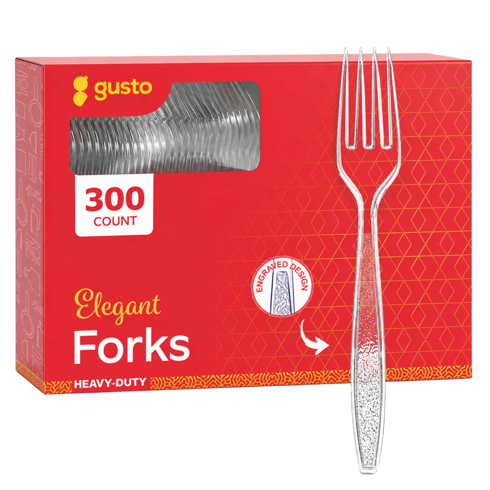 GUSTO [300 Pack] Heavyweight Clear Forks with Engraved Design - Reusable, Sturdy Cutlery Set for Parties, Weddings, and Events - Formerly Comfy Package 🍁 All In One Marketplace Canada