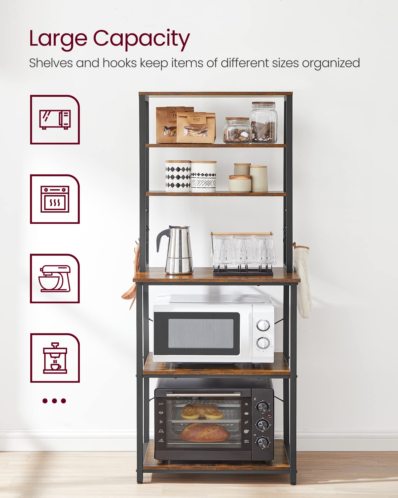 VASAGLE Coffee Bar, Baker’s Rack for Kitchen with Storage, 6-Tier Kitchen Shelves with 6 Hooks, Microwave Stand, Industrial, 15.7 x 23.6 x 65.7 Inches, Rustic Brown and Black UKKS024B01 🍁 All In One Marketplace Canada