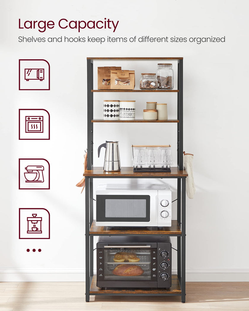 VASAGLE Coffee Bar, Baker’s Rack for Kitchen with Storage, 6-Tier Kitchen Shelves with 6 Hooks, Microwave Stand, Industrial, 15.7 x 23.6 x 65.7 Inches, Rustic Brown and Black UKKS024B01 🍁 All In One Marketplace Canada