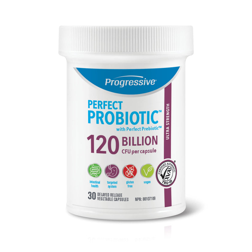Progressive Perfect Probiotic 120 Billion CFU, Ultra-Strength 11-Strain Formula + Prebiotic Blend, with Lactobacillus plantarum and L. rhamnosus, Delayed-Release Guaranteed Potency, DNA-Verified, Gut and Digestive Support, 30 Vegan Capsules
