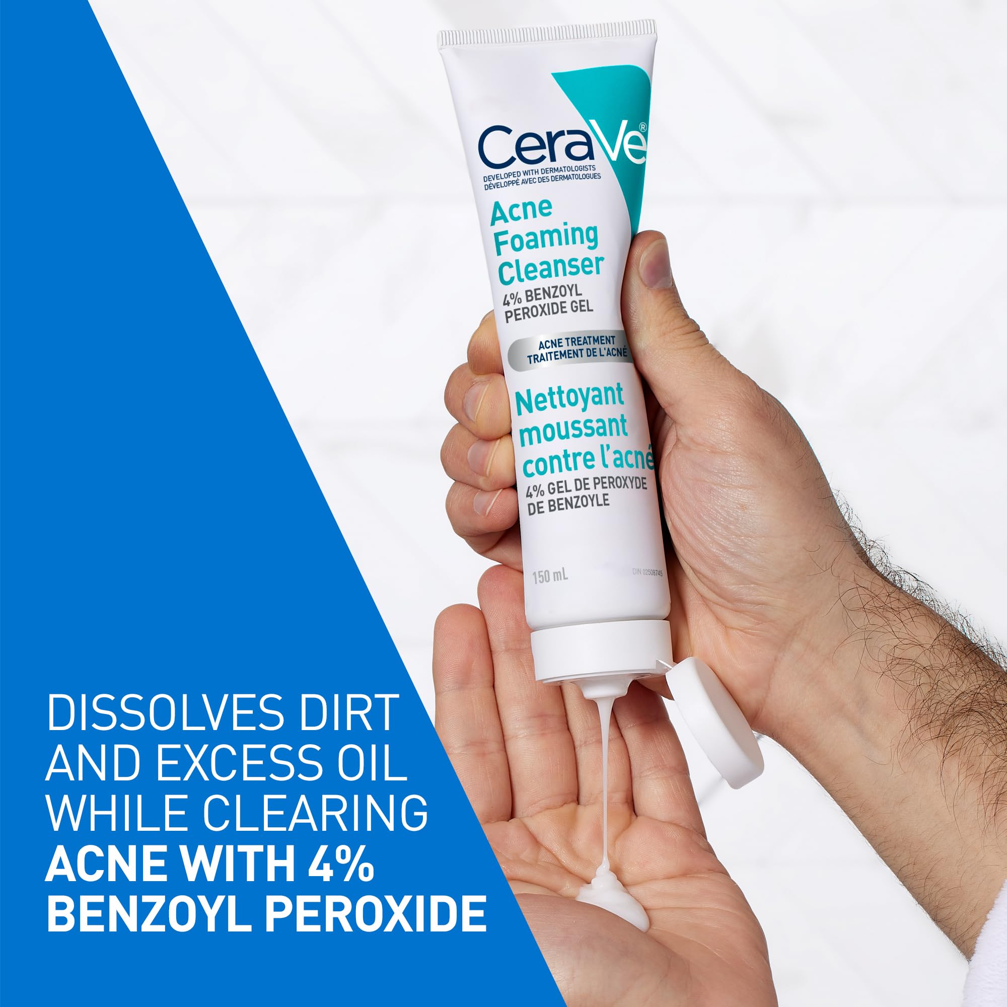 CeraVe 4% Benzoyl Peroxide Acne Treatment Foaming Cleanser Face & Body Wash, with Hyaluronic Acid and Niacinamide. Helps Clear Acne Pimples and prevent breakouts. Gentle Gel, Fragrance-Free, 150ML 🍁 All In One Marketplace Canada