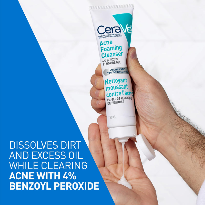 CeraVe 4% Benzoyl Peroxide Acne Treatment Foaming Cleanser Face & Body Wash, with Hyaluronic Acid and Niacinamide. Helps Clear Acne Pimples and prevent breakouts. Gentle Gel, Fragrance-Free, 150ML 🍁 All In One Marketplace Canada
