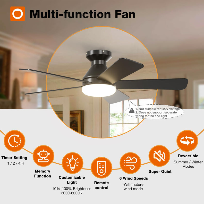 addlon Ceiling Fans with Lights, 42 Inch Low Profile Ceiling Fan with Light and Remote Control, Flush Mount, Reversible, 3CCT, Dimmable, Quiet, Black Small Ceiling Fan for Bedroom Indoor/Outdoor Use 🍁 All In One Marketplace Canada