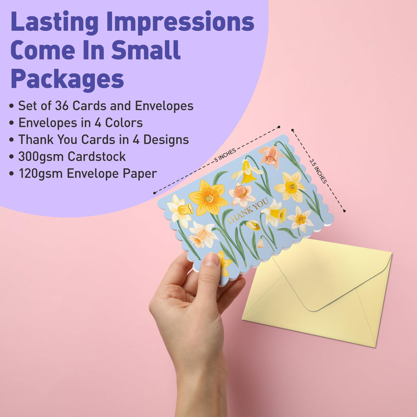 S&O Floral Thank You Cards with Envelopes – 36 Blank Cards – 4 Assorted Sunlit Meadows Designs with Gold Foil – 3.5x5