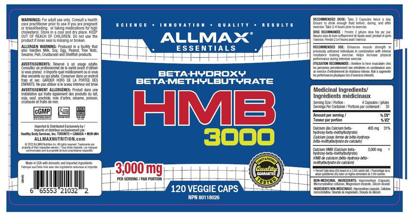 ALLMAX HMB Capsules, 3000 mg, 120 Count, 30 Servings 🍁 All In One Marketplace Canada