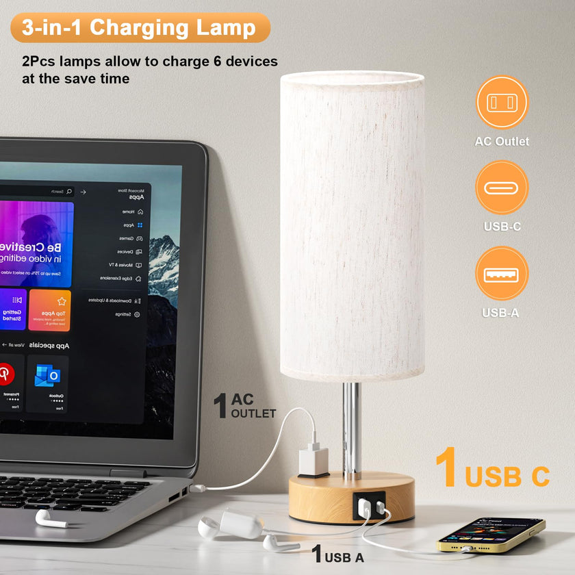 Table Lamp for Bedroom Set of 2 - Touch 3 Way Dimmable Bedside Lamps with USB C and A Ports, Night Lamp for Nightstand with AC Outlet, Desk Lamps for Living Room, Reading Room, Kids Room, Office 🍁 All In One Marketplace Canada
