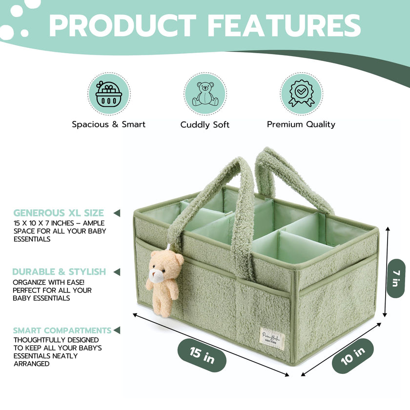PeraBella Baby Diaper Caddy Organizer, Baby Organizers and Storage for Changing Table, Babies Shower Gift Basket for Boy &Girl, Nursery Essentials Car Caddy Organizer with Handle, Green Diaper Basket 🍁 All In One Marketplace Canada
