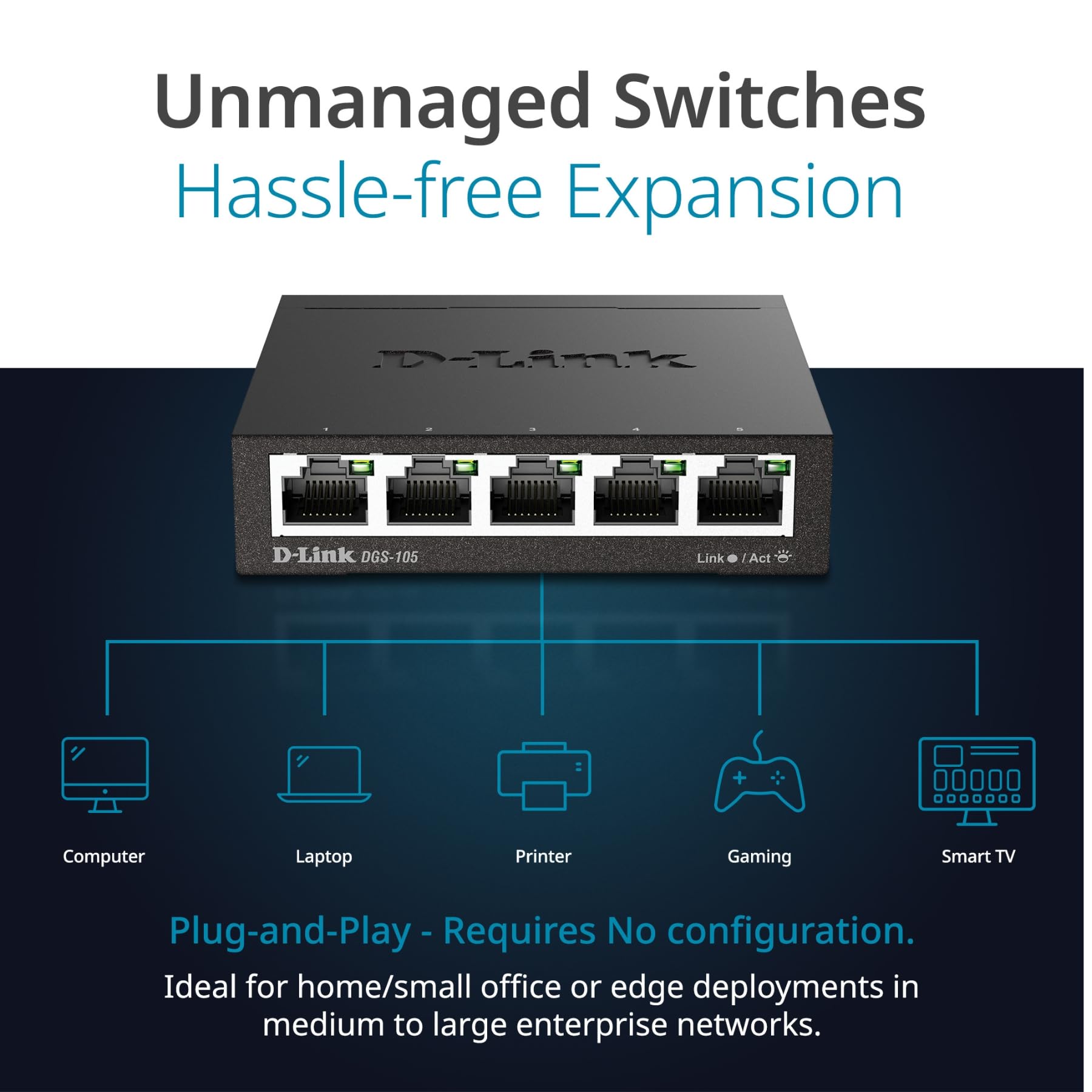 D-Link DGS-105, 5 Port Gigabit Ethernet Switch Unmanaged, Network Splitter, Silent Fanless, Network Hub, Sturdy Metal with Shielded Ports, Desktop/Wall Mount, QoS, Energy Saving, Plug and Play 🍁 All In One Marketplace Canada
