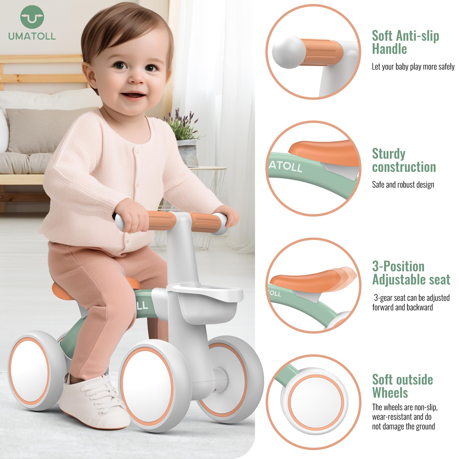 Umatoll Baby Balance Bike Toys for 1 Year Old Boys Girls Gifts, Adjustable Seat Baby Walker, First Birthday Gifts, 12-24 Months Toddler Ride on Toys with Removable Basket, Green 🍁 All In One Marketplace Canada