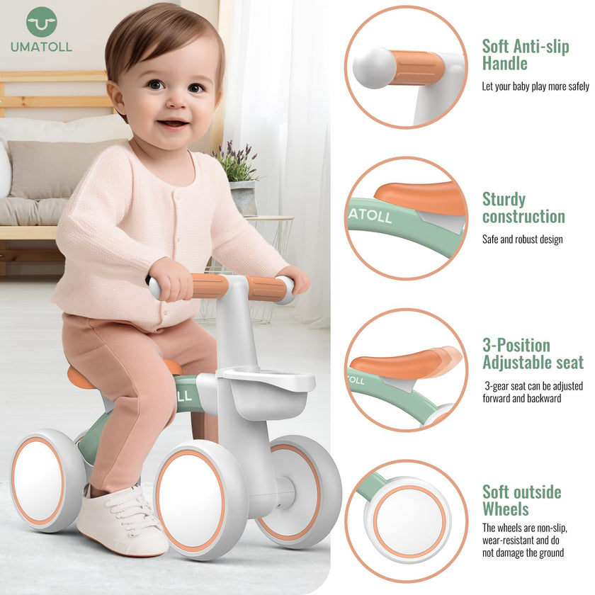 Umatoll Baby Balance Bike Toys for 1 Year Old Boys Girls Gifts, Adjustable Seat Baby Walker, First Birthday Gifts, 12-24 Months Toddler Ride on Toys with Removable Basket, Green 🍁 All In One Marketplace Canada