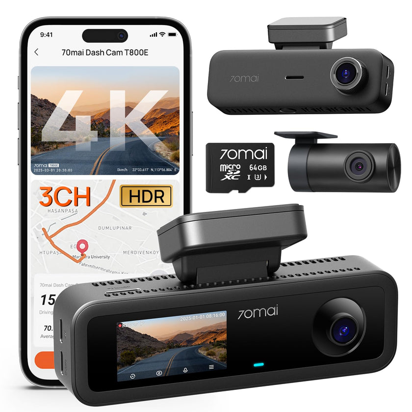 70mai 4K Dash Cam Front and Rear Inside, 3 Channel Car Dash Camera for Cars, Dashcam with GPS, Wi-Fi 6, Voice Control, Parking Monitor, Night Vision, Loop Recording, 64GB SD Card Included (T800E) 🍁 All In One Marketplace Canada