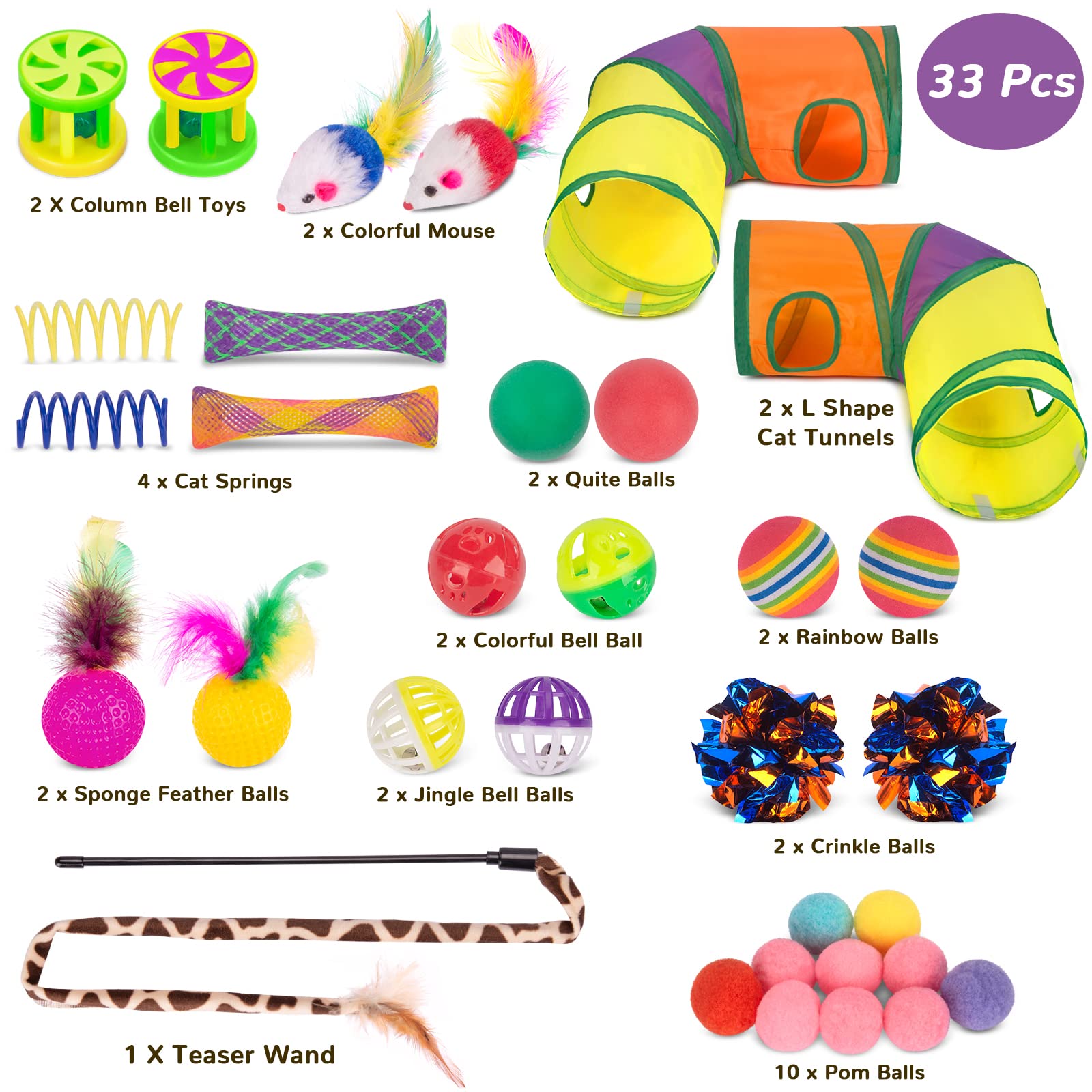 Retro Shaw Cat Toys Set 33 Pack, Cat Play Tunnel for Indoor Cats Kitty, Kitten Toys Include 2 Collapsible Cat Tunnels Tube Tent, Cat Feather Teaser Wand Springs Rainbow Bell Crinkle Ball Mouse Pompom 🍁 All In One Marketplace Canada