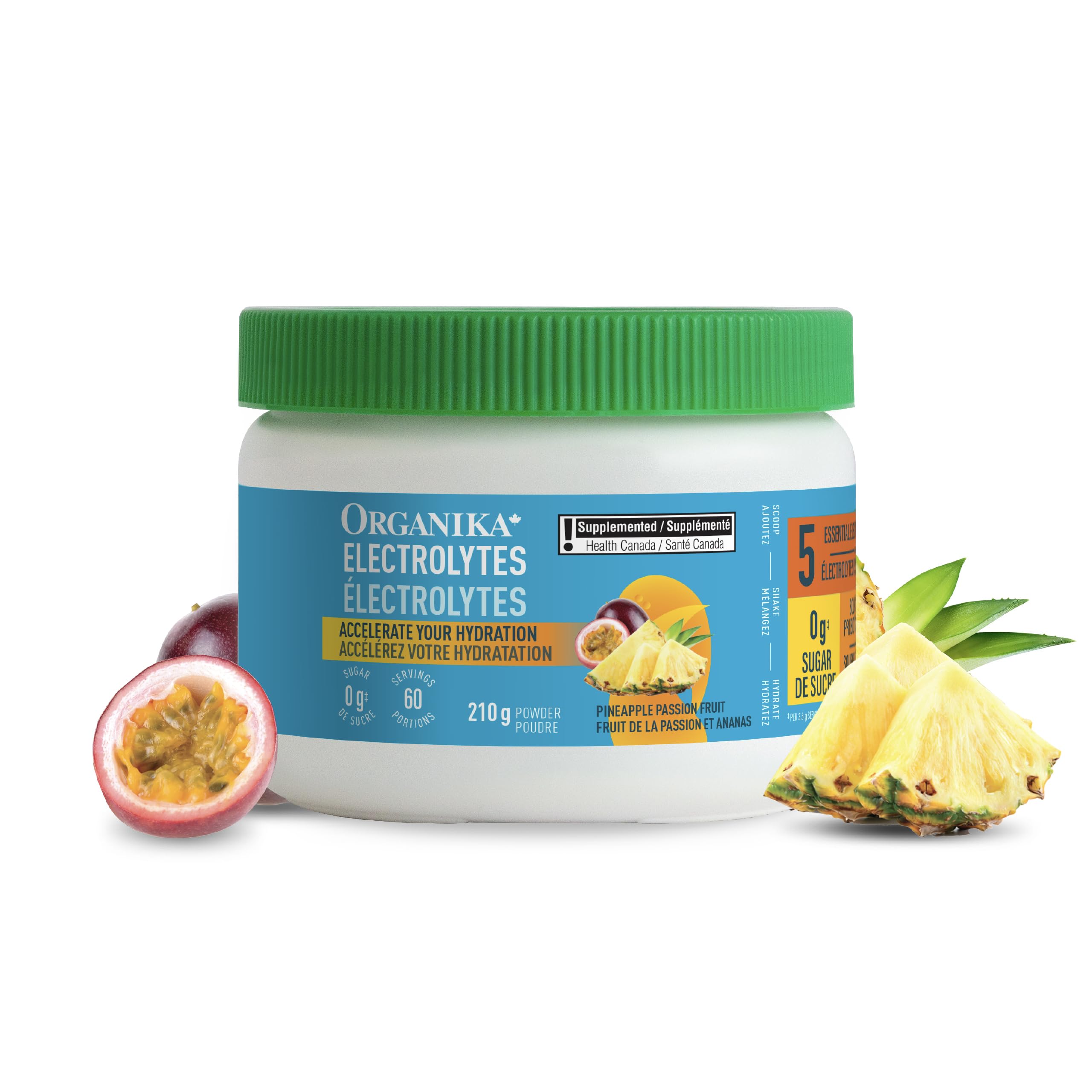 Organika Canadian-Made Electrolytes Powder with Vitamin C & Prebiotic Fibre - Sugar-Free Hydration Drink Mix - Pineapple PassionFruit - 210 g - 60 servings 🍁 All In One Marketplace Canada
