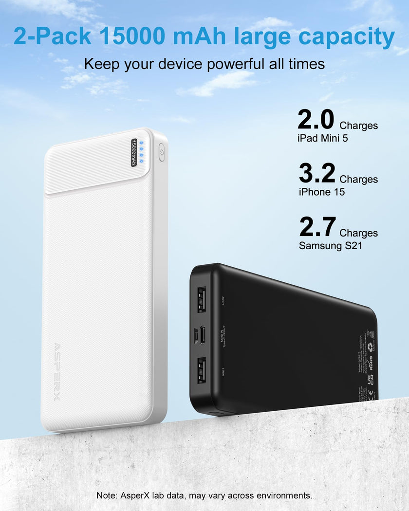 AsperX 2-Pack 15000mAh Portable Charger Power Bank 3A Fast Charging, USB C Output Portable Battery Bank External Battery Pack for iPhone 17/16/15/14/13, Galaxy, Google LG,Tablets and Heated Vest 🍁 All In One Marketplace Canada