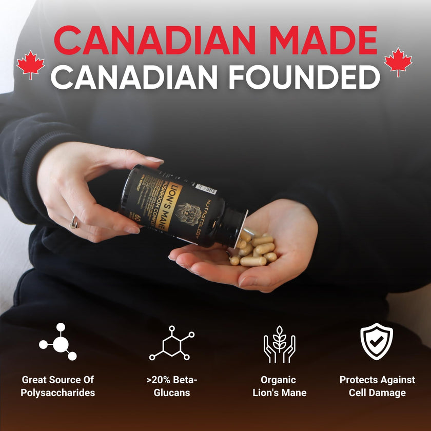 Nutratology® Organic Lion's Mane Mushroom Capasules - Nootropic Functional Mushroom Supplements Made With 40% Polysaccharides & >20% Beta-Glucan | Supports Memory, Cognition & Brain Health - 60 Count 🍁 All In One Marketplace Canada