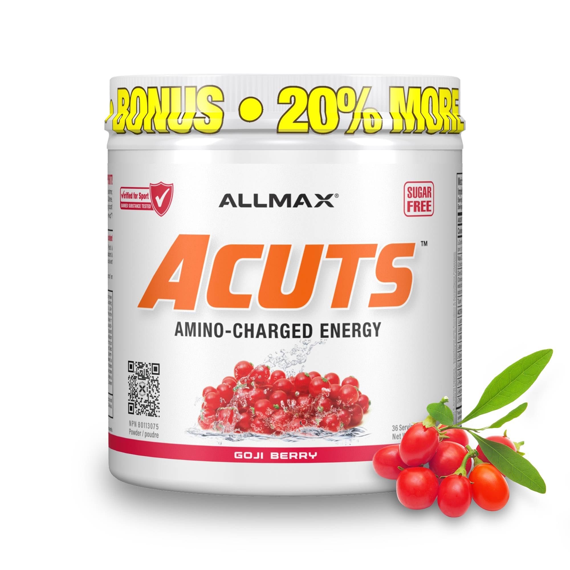 ALLMAX ACUTS Amino Energy Powder with Amino Acids Supplement, Goji Berry, 36 Servings, Caffeine, Green Coffee Extract, 2000 mg Taurine, L-Carnitine, Sugar Free, Gluten & Dye Free, Amino Acid Drink 🍁 All In One Marketplace Canada