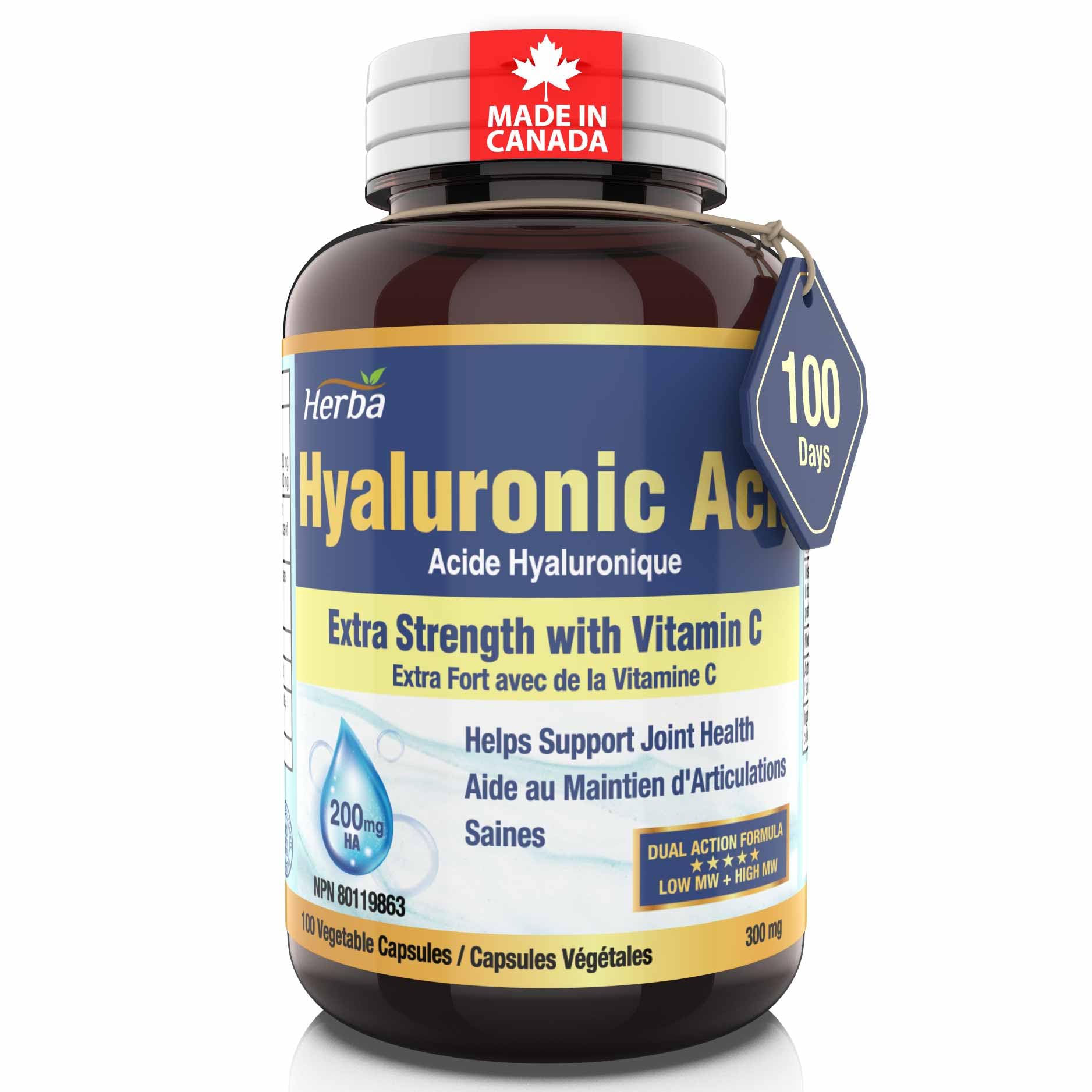 Herba Hyaluronic Acid Supplement 200mg - 100 Capsules | 100% Purity Hyaluronic Acid Capsules with Vitamin C to Support Joint and Bone Health | Made in Canada 🍁 All In One Marketplace Canada