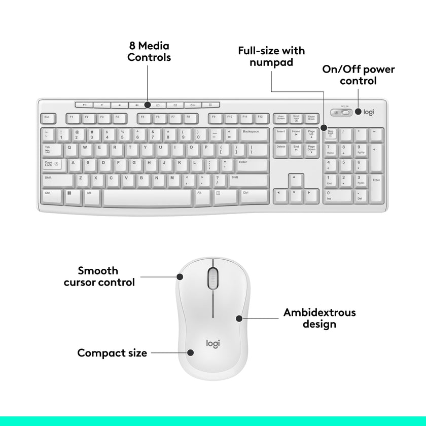Logitech MK270 Wireless Keyboard and Mouse Combo for Windows, 2.4 GHz Wireless, Compact Mouse, 8 Multimedia and Shortcut Keys, 2-Year Battery Life, for PC, Laptop - Off White 🍁 All In One Marketplace Canada