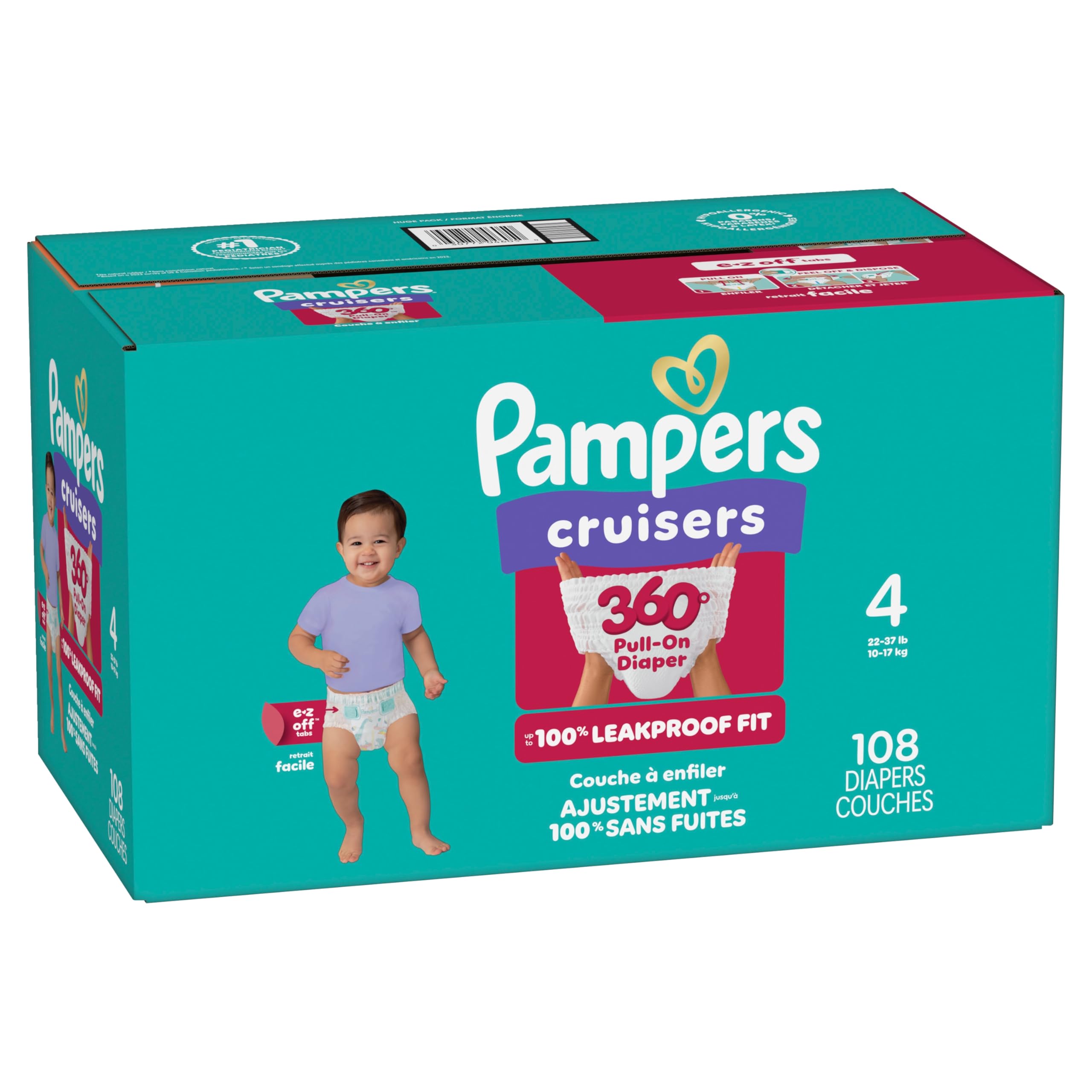 Pampers Diapers - Cruisers 360° - Size 4, up to 100% Leakproof Fit, Designed for Active Babies, Pull On Diaper, EZ Off Tabs Designed for Easy Changes, 1 Pack (Count of 108) 🍁 All In One Marketplace Canada