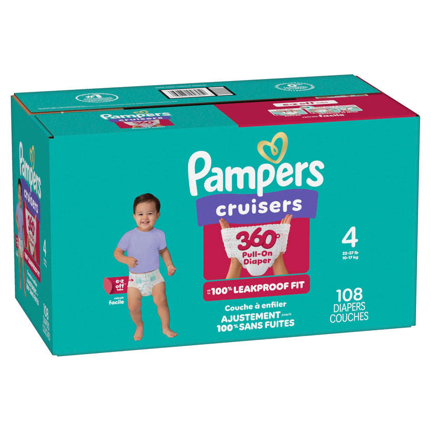 Pampers Diapers - Cruisers 360° - Size 4, up to 100% Leakproof Fit, Designed for Active Babies, Pull On Diaper, EZ Off Tabs Designed for Easy Changes, 1 Pack (Count of 108) 🍁 All In One Marketplace Canada