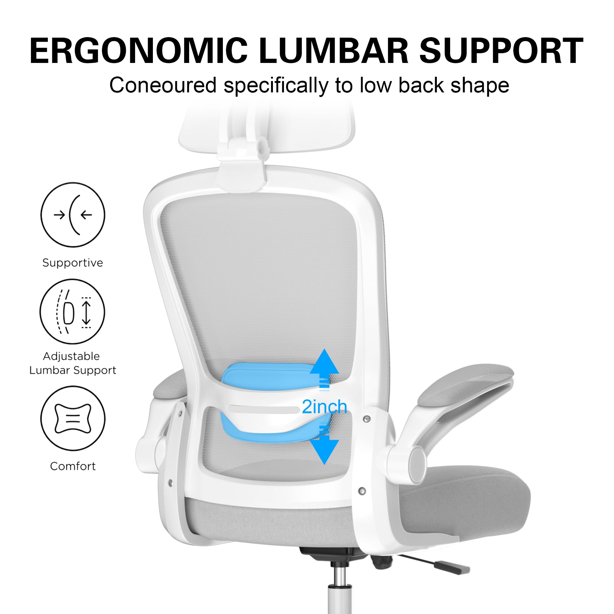 Mimoglad Office Chair, Comfy Desk Chair - High Back Ergonomic Computer Chair with Adjustable Lumbar Support & Headrest, Flip-up Armrests for Guitar Playing (Moon Grey) 🍁 All In One Marketplace Canada