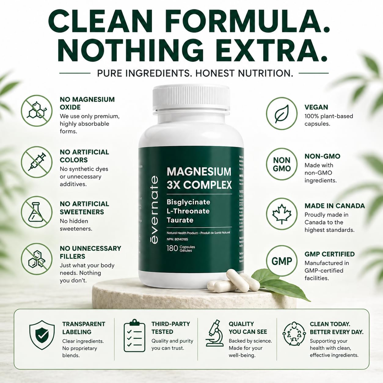 ALL-IN-ONE Magnesium Complex – Magnesium Glycinate (Bisglycinate) Chelated, L-Threonate & Taurate (200mg Elemental per Daily Dose) – Sleep, Stress, Muscle & Heart Support – High Absorption Magnesium Supplement – 180 Vegan Capsules – Made in Canada