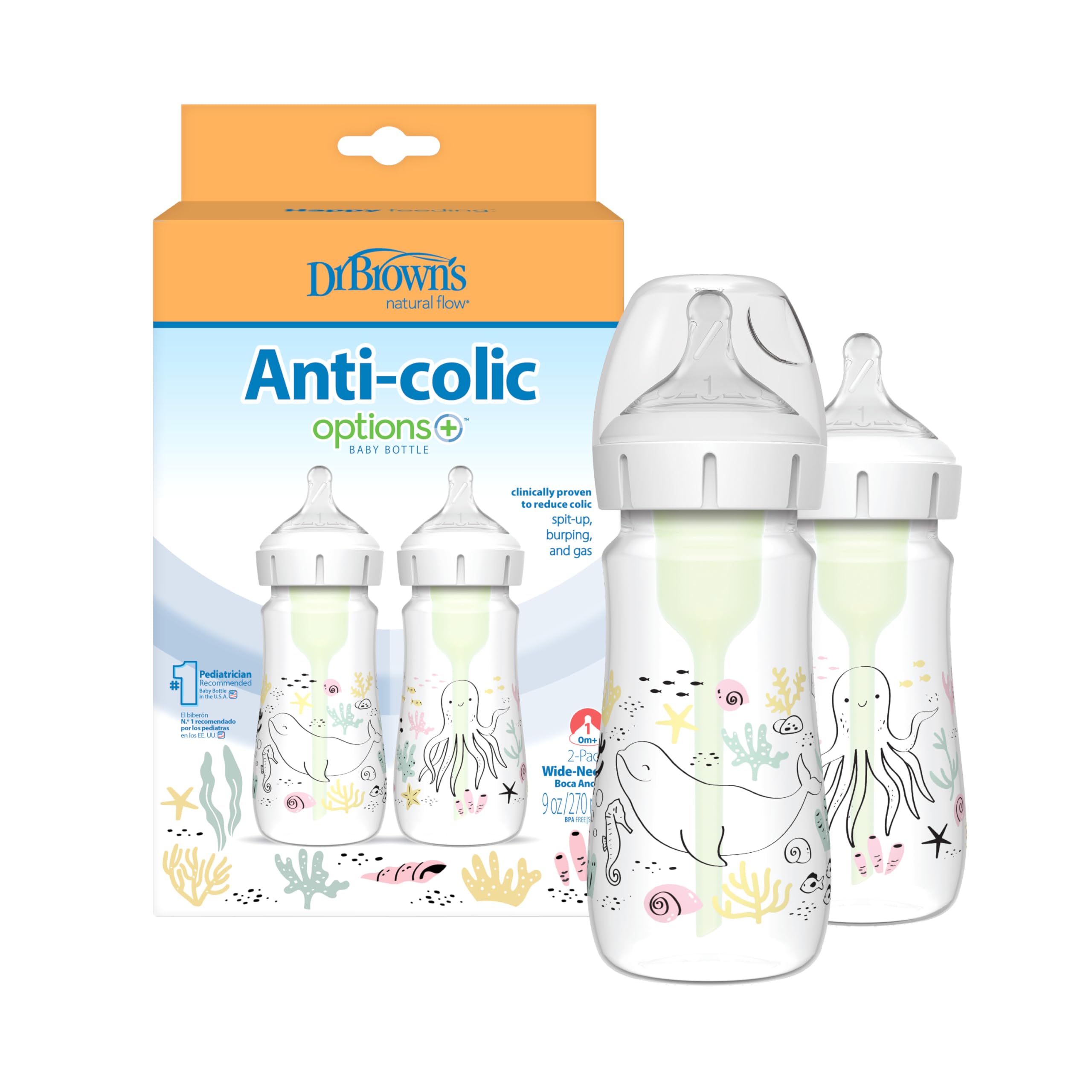 Dr. Brown’s Natural Flow Anti-Colic Options+ Wide-Neck Baby Bottle Designer Edition Bottles, Ocean Decos, 9 oz/270 mL, Level 1 Nipple, 2-Pack, 0m+ 🍁 All In One Marketplace Canada