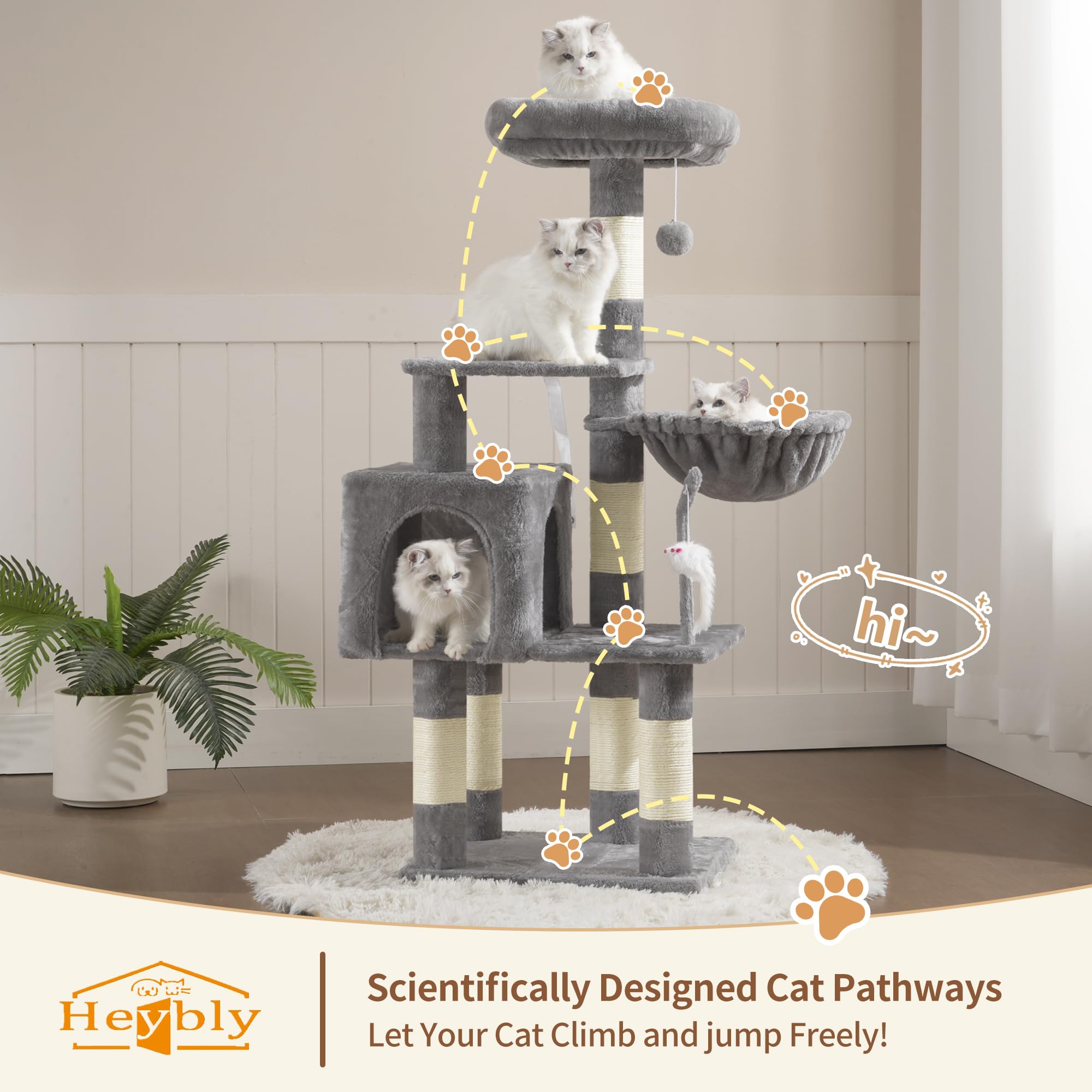 Heybly Cat Tree with Toy, Cat Tower condo for Indoor Cats, Cat House with Padded Plush Perch, Cozy Hammock and Sisal Scratching Posts, Light Gray S HCT004SW 🍁 All In One Marketplace Canada