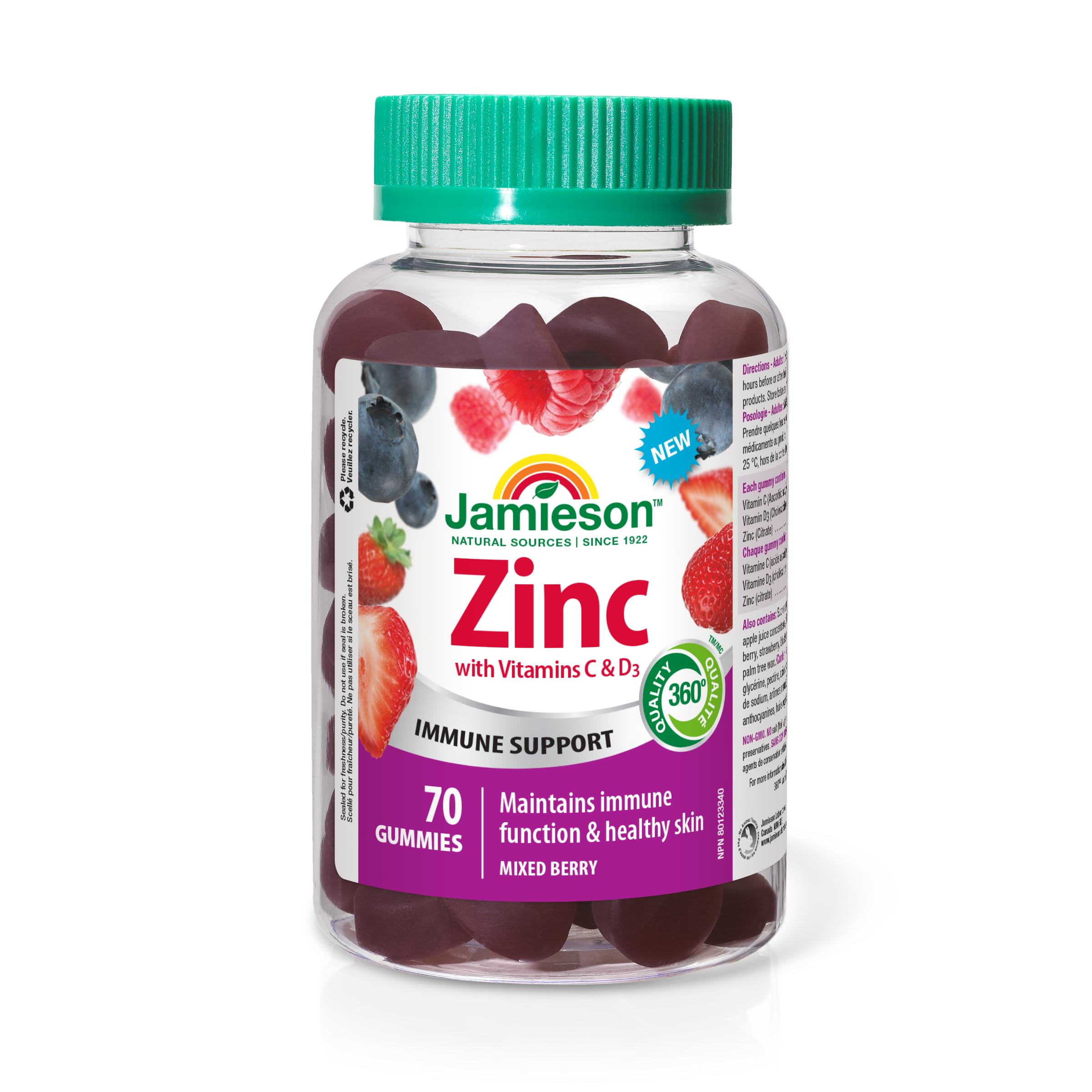 Jamieson Zinc 15 mg, 70 Gummies, Mixed Berry Flavour. With 50 mg Vitamin C and 400 IU Vitamin D3, Supports Immune Health, Bone Health, Healthy Hair, Skin, Nails. Vegetarian 🍁 All In One Marketplace Canada