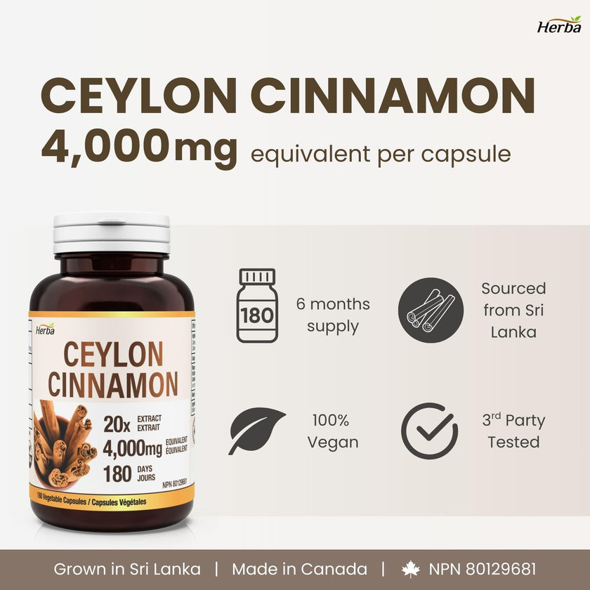 Herba Ceylon Cinnamon Capsules 4000mg - 180 Vegetable Capsules | Powerful 20:1 Extract from Sri Lanka | Equivalent to 4,000mg Dry Ceylon Cinnamon Powder | Made in Canada 🍁 All In One Marketplace Canada