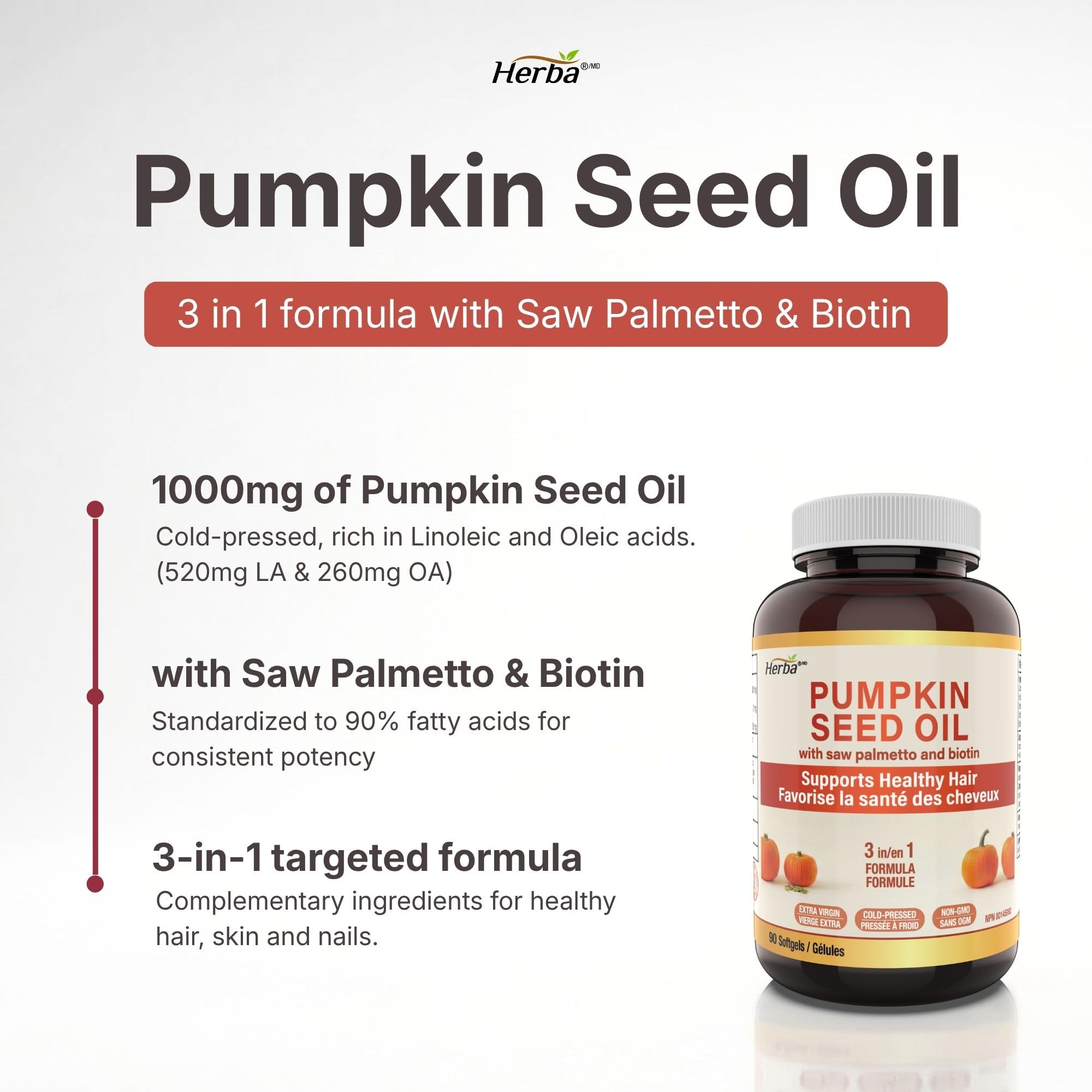 Herba Pumpkin Seed Oil Capsules for Hair - 90 Softgels | 3 in 1 with Saw Palmetto and Biotin | Cold Pressed, Extra Virgin, and Non GMO | Made in Canada 🍁 All In One Marketplace Canada