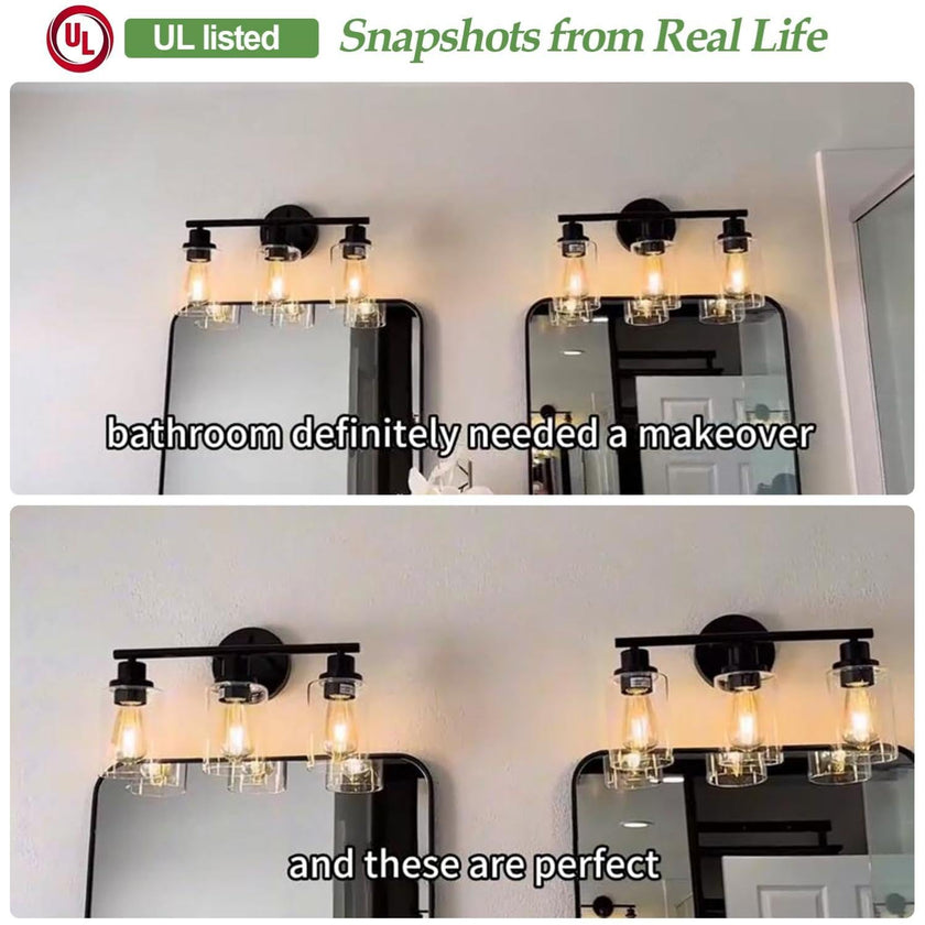 3-Light Bathroom Light Fixtures, Black Bathroom Wall Lights, Modern Bathroom Vanity Light with Clear Glass Shade, Bathroom Wall Lamp for Mirror Kitchen Bedroom Living Room 🍁 All In One Marketplace Canada