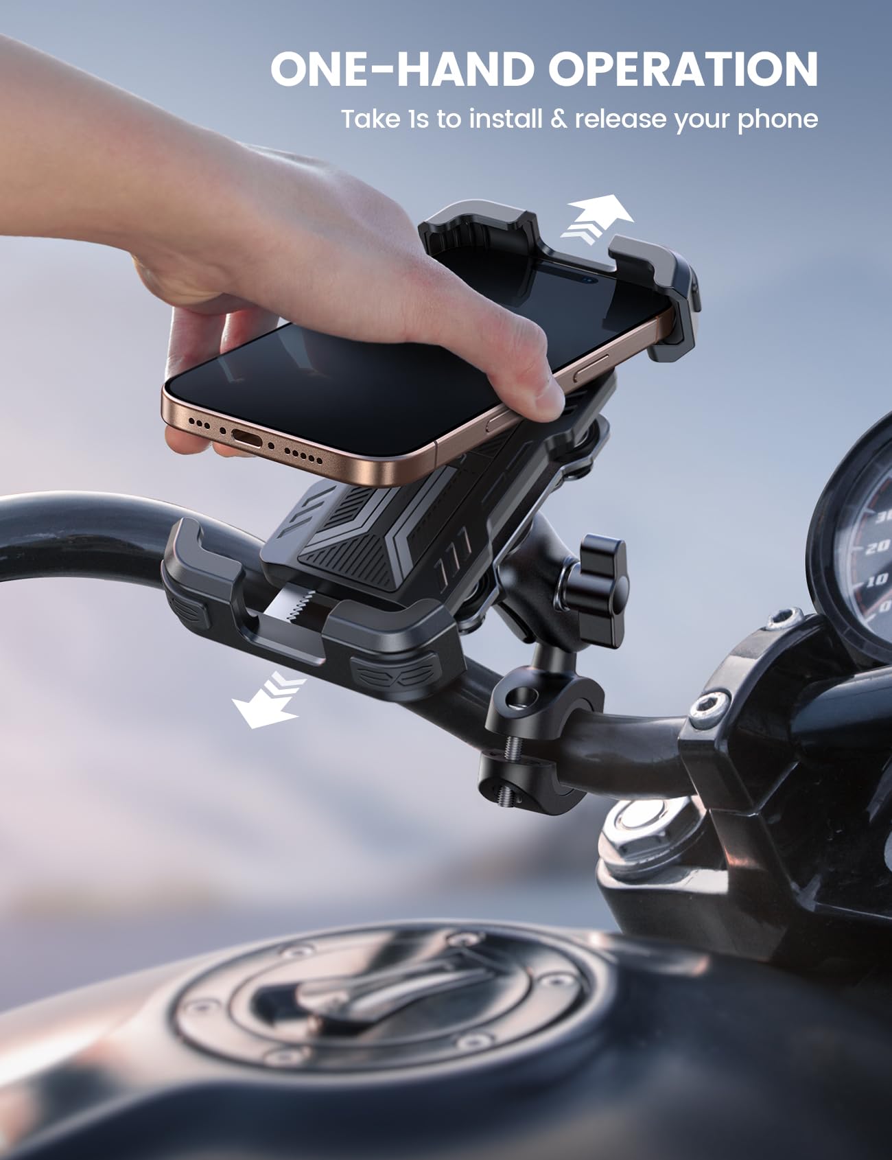 Lamicall Motorcycle Phone Mount Holder - [Dual Vibration Dampener] [720° Adjustment Arm] Motorcycle Cell Phone Holder, Bike Handlebar Phone Mount for iPhone 17 Pro/Air/16/15/14 Pro Max, 4.7-6.7