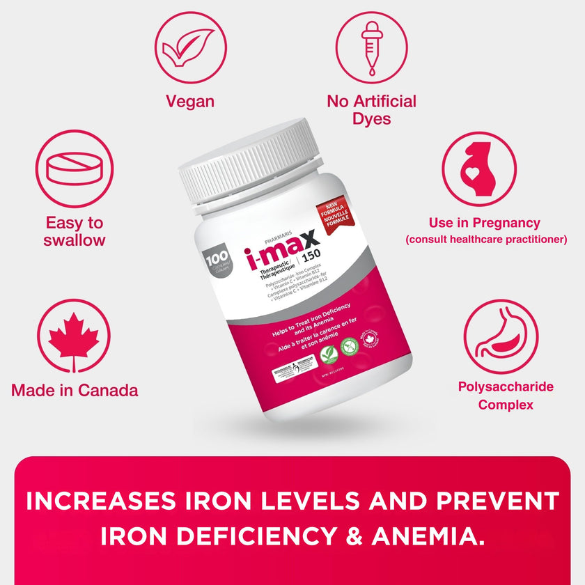 Pharmaris i-max Polysaccharide Iron Complex, 150 mg Elemental Iron Supplement for Treatment and Prevention of Iron Deficiency Anemia, 250 mg Vitamin C, 1000 mcg Vitamin B12, No Artificial Dyes, Vegan, 100 Capsules 🍁 All In One Marketplace Canada