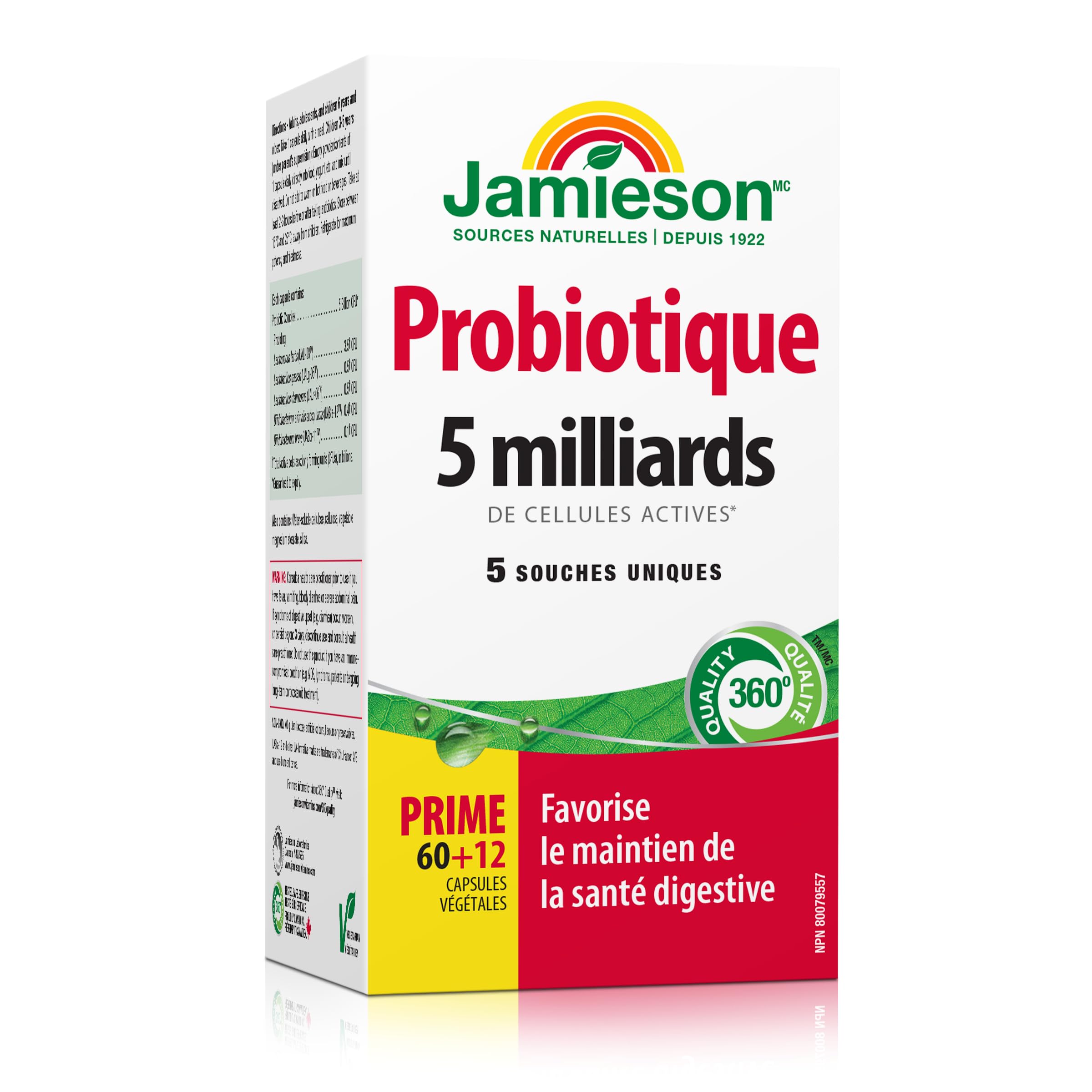 Jamieson Probiotic 5 Billion Active Cells, Bonus Size, Supports Digestive Health and Microbial Diversity. 5 Unique Strains, Including Lactobacillus and Bifidobacterium, Non-GMO, Gluten-Free, 72 Vegetarian capsules 🍁 All In One Marketplace Canada