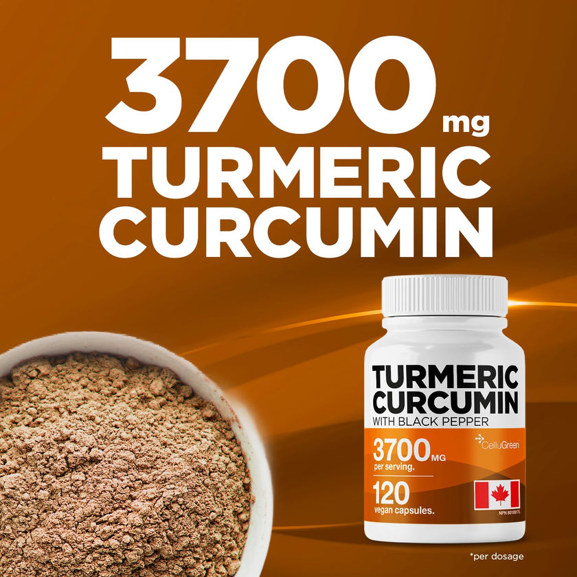 CelluGreen Turmeric Curcumin 3,700mg with Black Pepper Extract — 95% Curcuminoids for Joint Pain Relief & Anti-Inflammatory Support | Curcuma Longa | Non-GMO, Gluten-Free, Made in Canada | 120 Capsules 🍁 All In One Marketplace Canada
