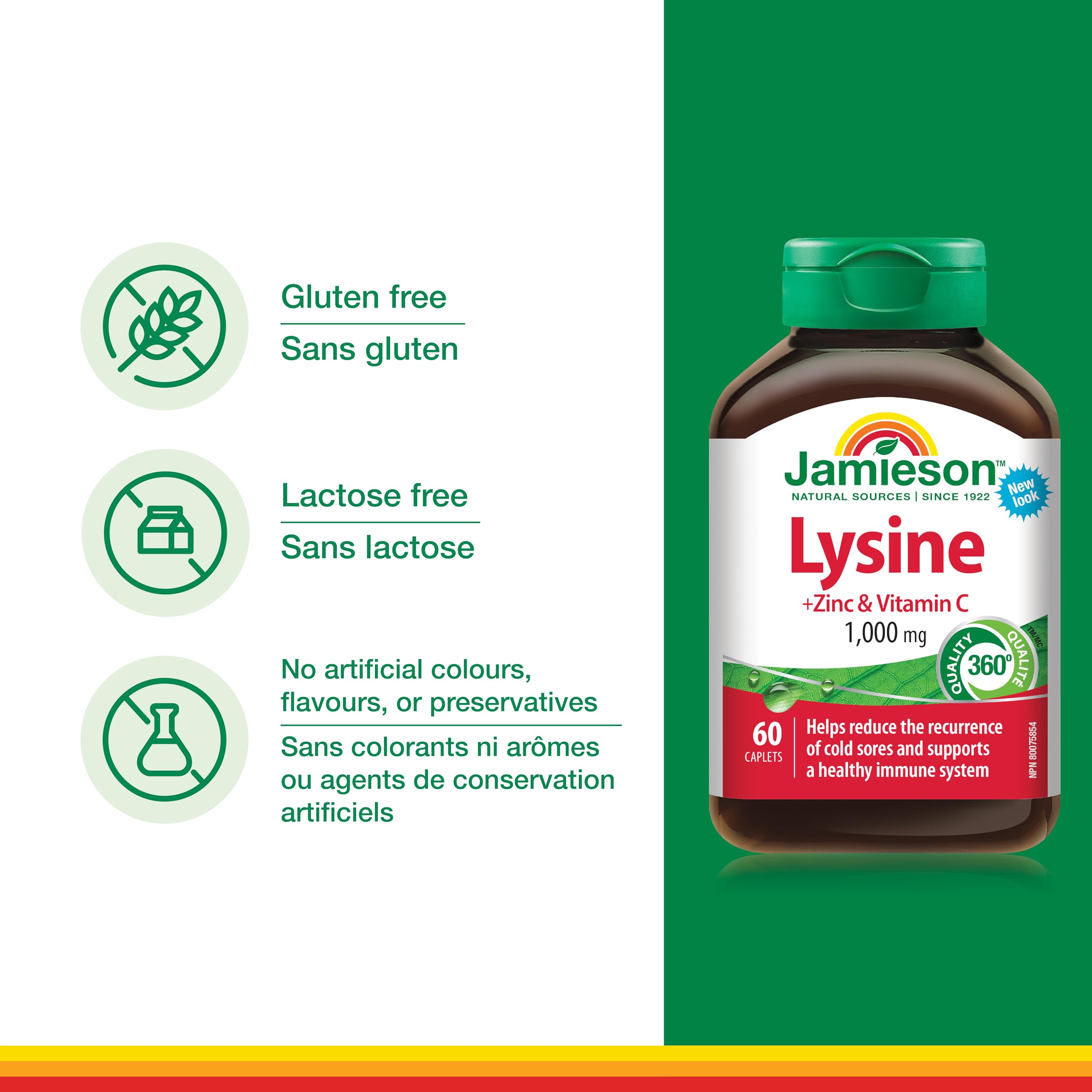 Jamieson Lysine 1,000 mg, with Zinc and Vitamin C, Cold Sore Support, and Helps Immune Health. Essential Amino Acid, Non-GMO, Gluten-Free, 60 Vegetarian Caplets, Proudly Canadian 🍁 All In One Marketplace Canada