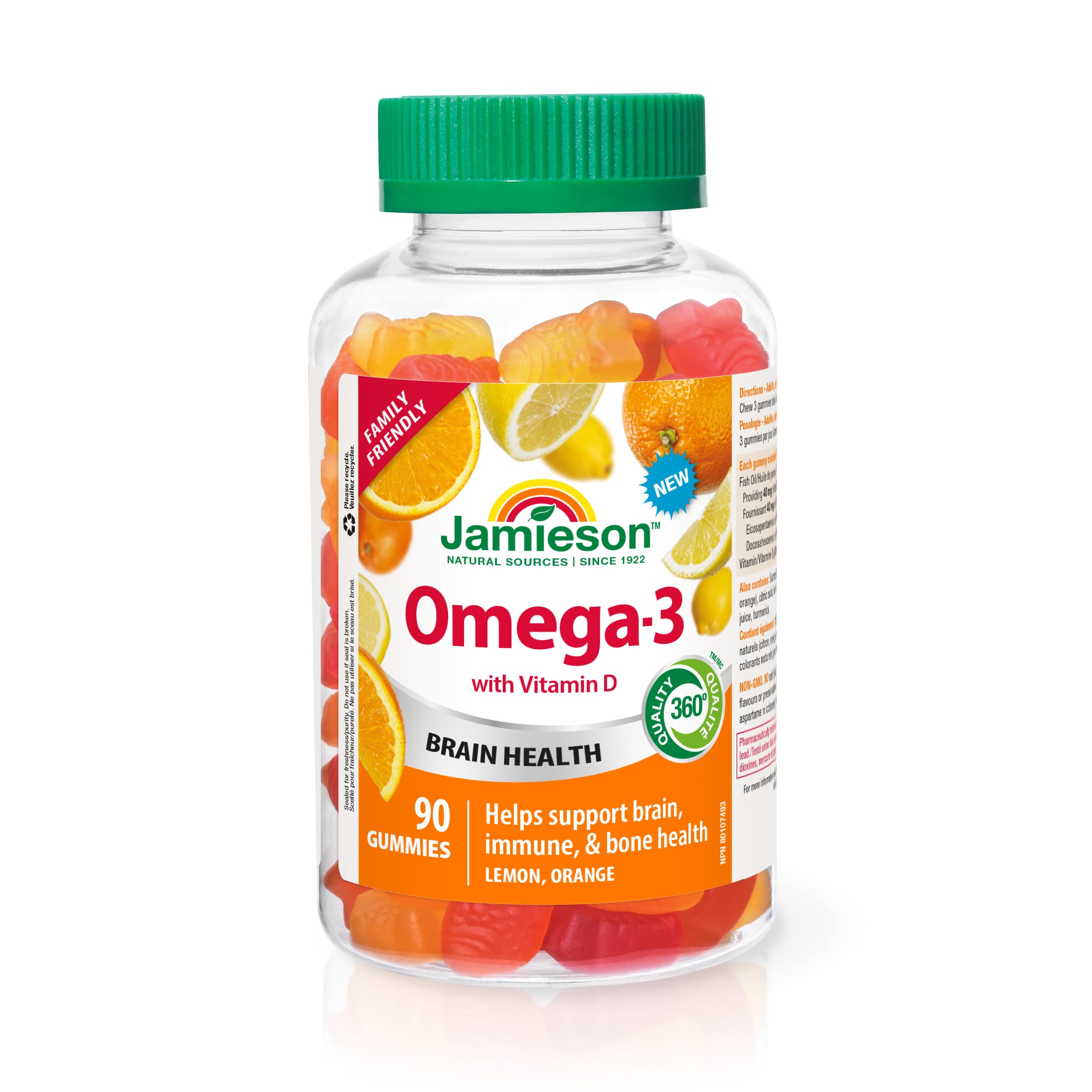 Jamieson Omega-3 Gummy with Vitamin D3, 90 Gummies, Orange and Lemon Flavours, Family Friendly (3+). Supports Brain Health and Immune Health, Non-GMO No Artificial Colours, Flavours, or Preservatives 🍁 All In One Marketplace Canada