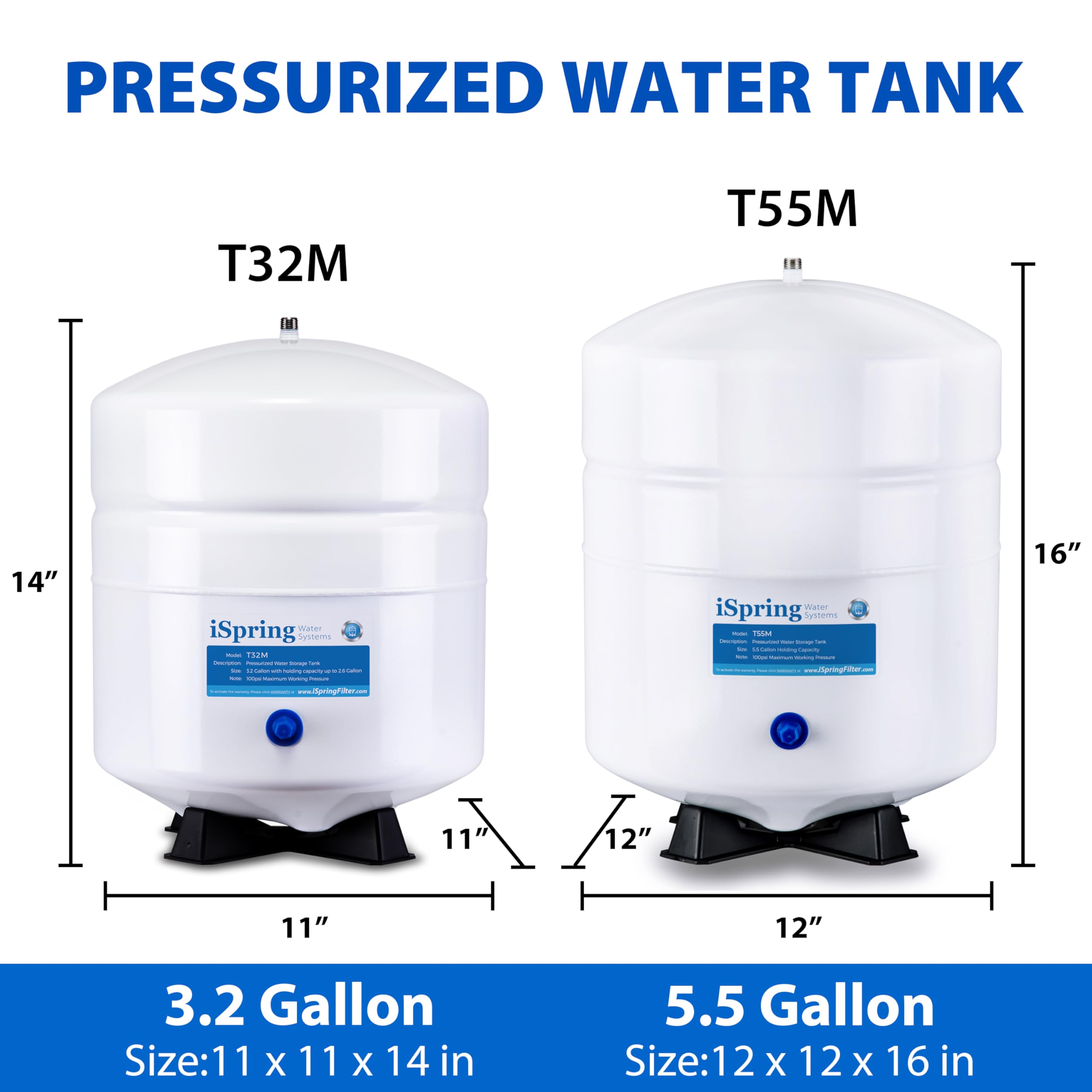 iSpring T32M Pressurized Water Storage Tank with Ball Valve for Reverse Osmosis RO Systems, 4 Gallon, 1/4