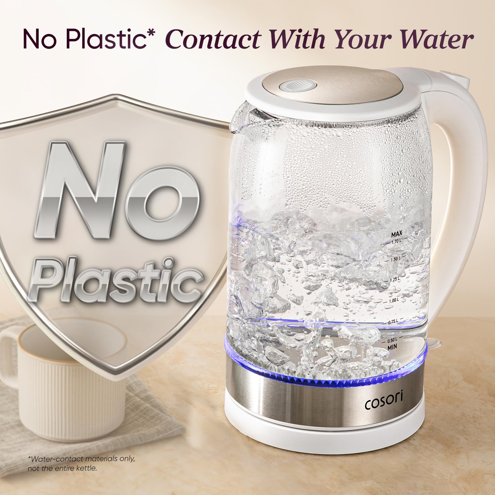 Cosori Glass Electric Kettle 1500W, Plastic-Free, 1.7L, Cordless, White 🍁 All In One Marketplace Canada