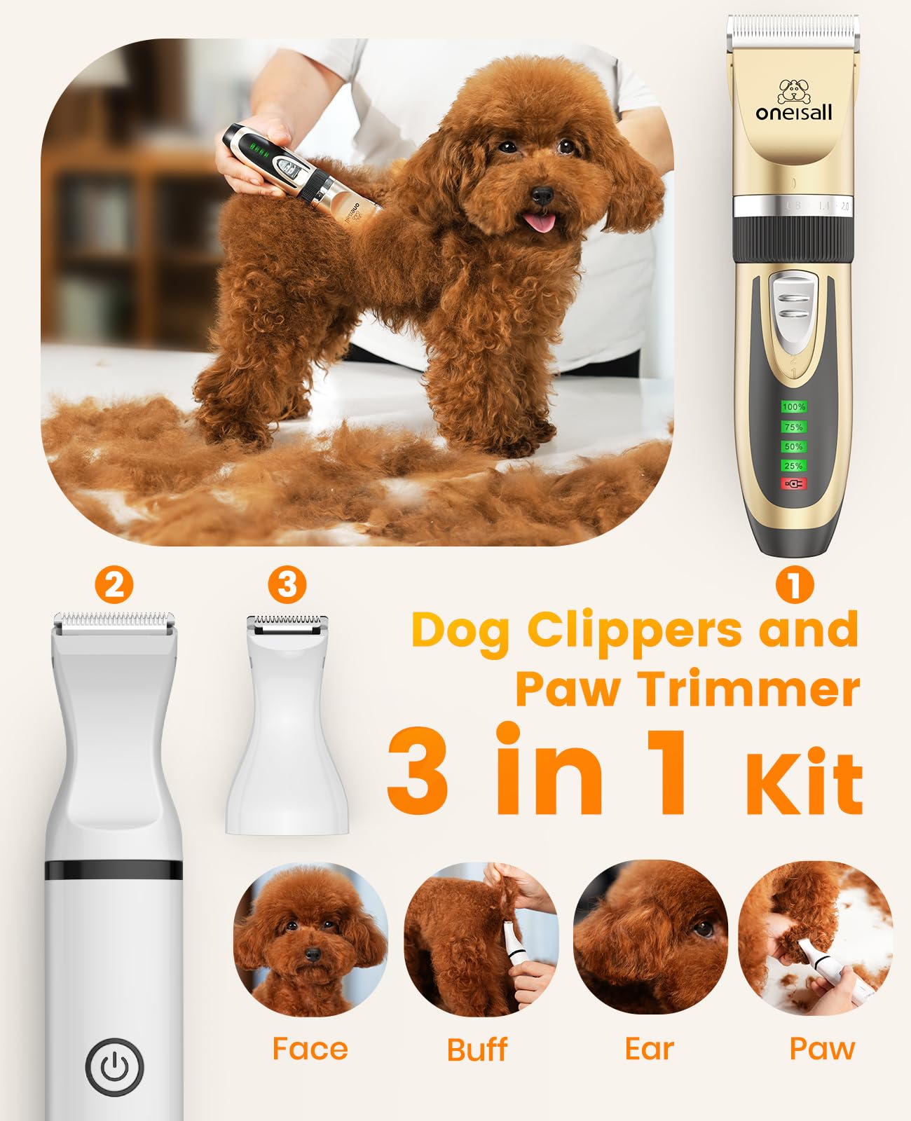 oneisall Dog Clippers and Paw Trimmer Kit 2 in 1 Low Noise Cordless Dog Clippers for Grooming Pet Hair Trimmers for Small and Large Dogs Cats Animals 🍁 All In One Marketplace Canada