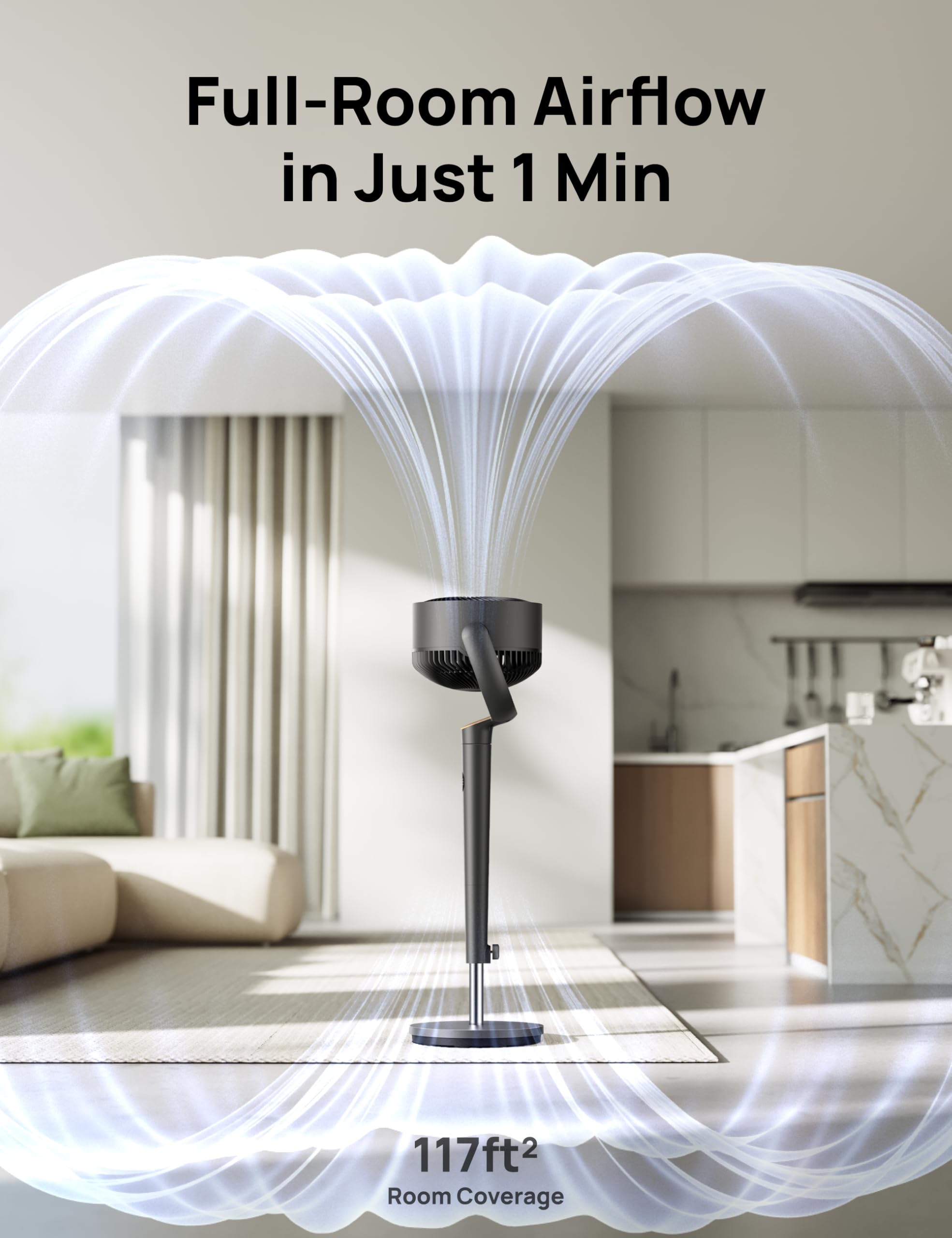 Dreo Fan for Bedroom, 120° Oscillating Standing Fans, Quiet Floor Fan with DC Motor, 100ft Pedestal Fans for Room, 9 Speeds, 4 modes, 20dB, 120° Manual Vertical, 37-42