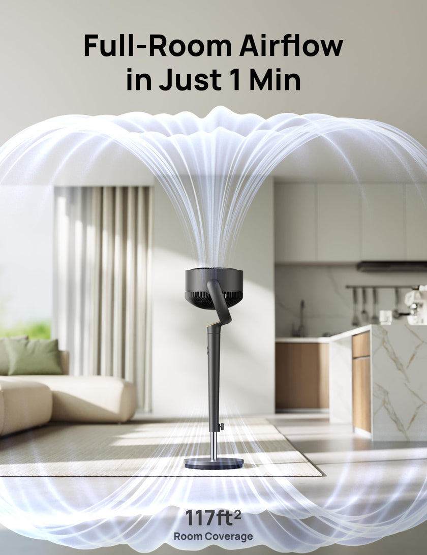 Dreo Fan for Bedroom, 120° Oscillating Standing Fans, Quiet Floor Fan with DC Motor, 100ft Pedestal Fans for Room, 9 Speeds, 4 modes, 20dB, 120° Manual Vertical, 37-42