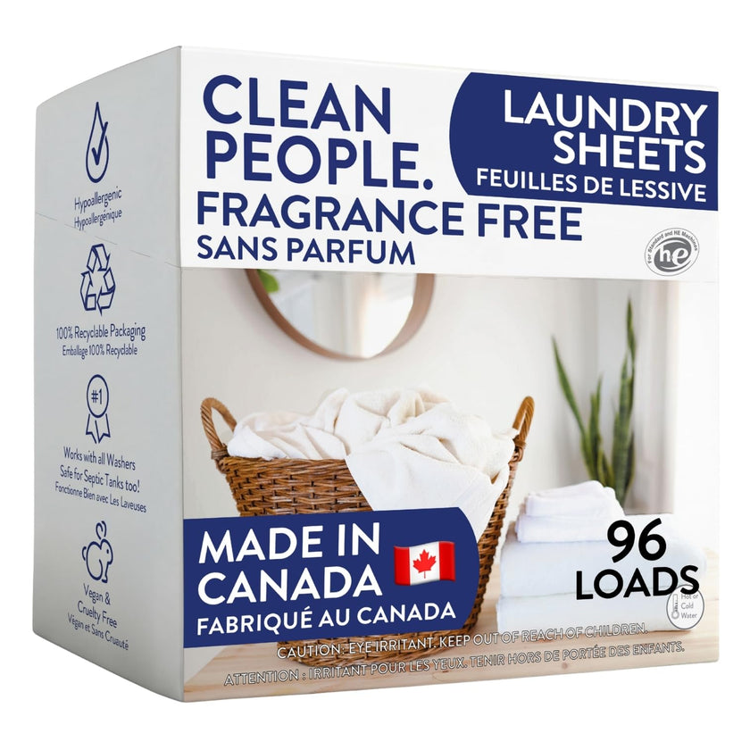 Clean People Laundry Detergent Sheets - Recyclable Packaging, Hypoallergenic, Stain Fighting - Ultra Concentrated, Laundry Soap - Fragrance Free, 96 Pack 🍁 All In One Marketplace Canada