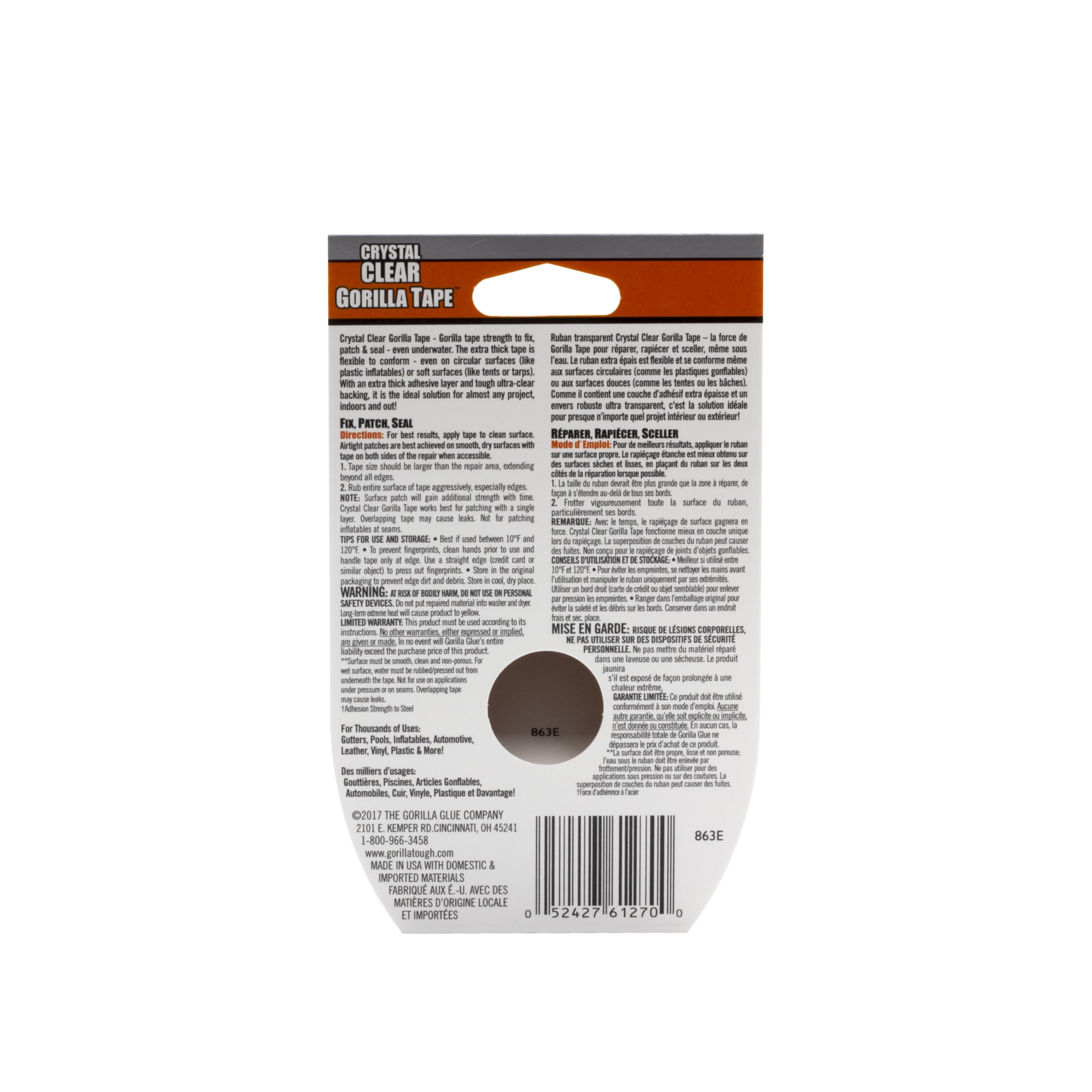 Gorilla Crystal Clear Tape, Duct, Utility, Non-Yellowing, Heavy Duty, Extra Thick Adhesive, Flexible, UV Temperature Resistant, 1.88 in x 27 ft, (Pack of 1), 6127002 🍁 All In One Marketplace Canada